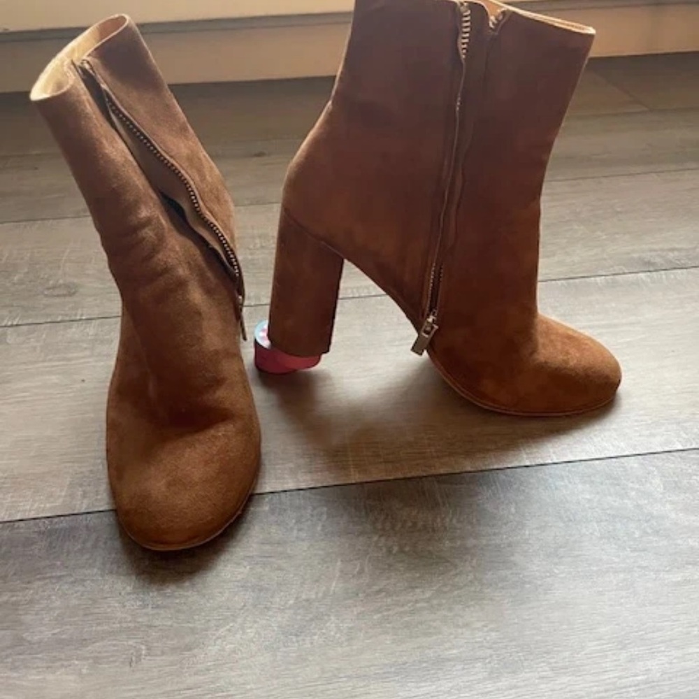 Joie Brown Suede Block Heel Ankle Boots with Side Zipper